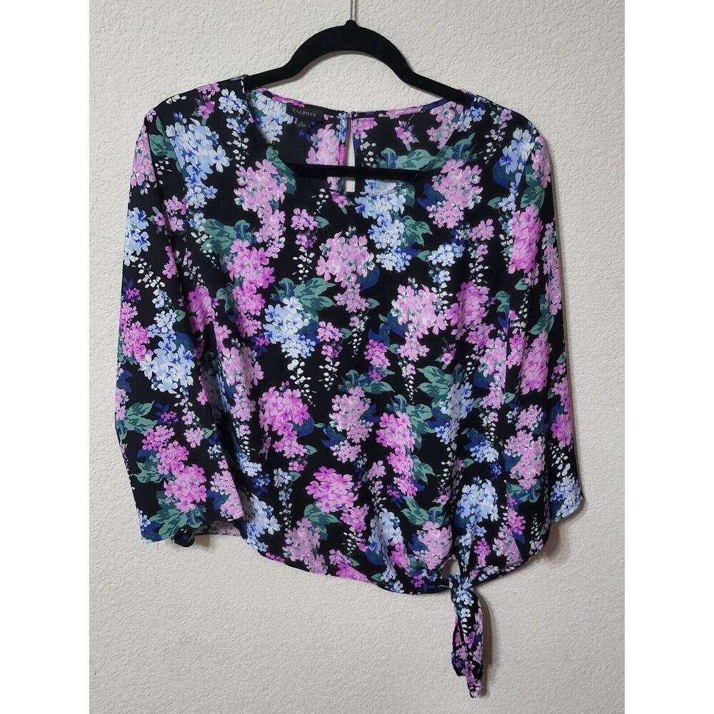 Talbots Blouse Womens L Scoop Neck 3/4 Sleeve Side Tie Key Hole Black Floral Top